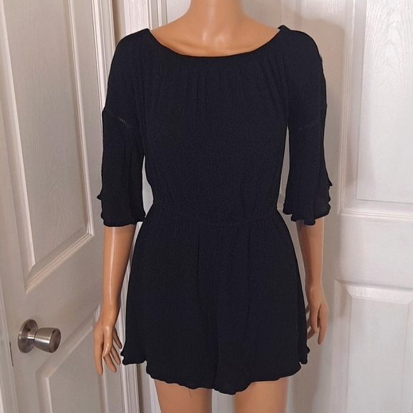 Love, Fire Mid-Length Sleeve Black Romper Shorts with Embroidered Floral Design - Picture 2 of 14